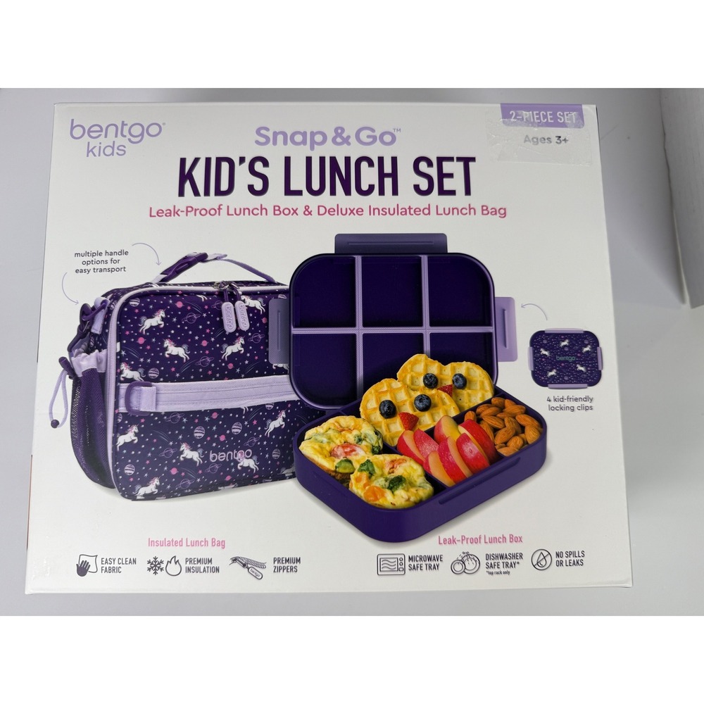Bentgo Kids Lunch box Set Kids Purple New Unicorn Galaxy Snap & Go 2-Piece Set